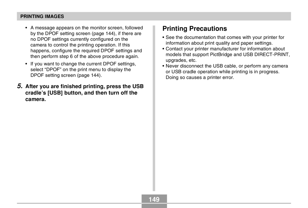 Casio EX-Z30 manual Printing Precautions, 149 