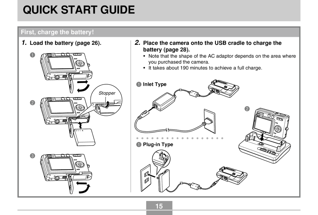 Casio EX-Z30 manual Quick Start Guide, First, charge the battery, Load the battery, Inlet Type Plug-in Type 