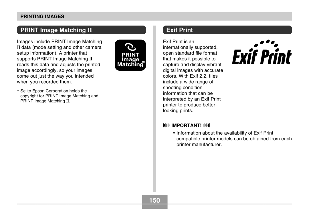 Casio EX-Z30 manual 150, Print Image Matching, Exif Print 