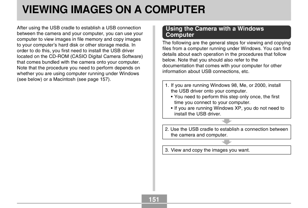 Casio EX-Z30 manual Viewing Images on a Computer, 151, Using the Camera with a Windows Computer 