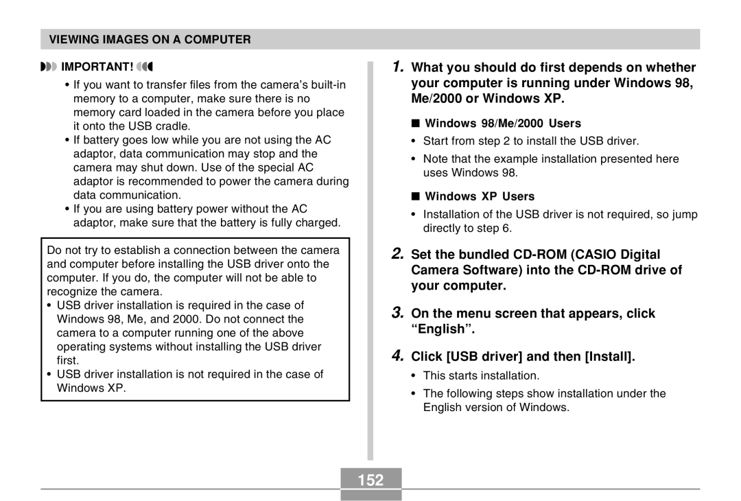 Casio EX-Z30 manual 152, Windows 98/Me/2000 Users, Windows XP Users 