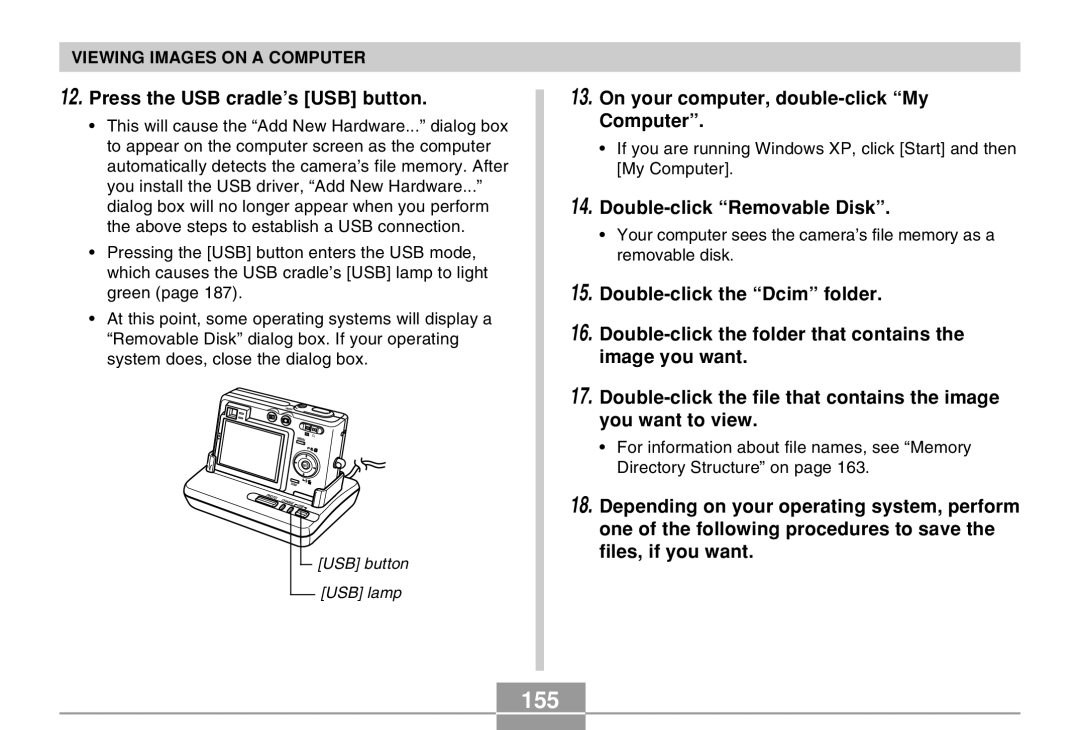 Casio EX-Z30 manual 155, Press the USB cradle’s USB button, On your computer, double-click My Computer 