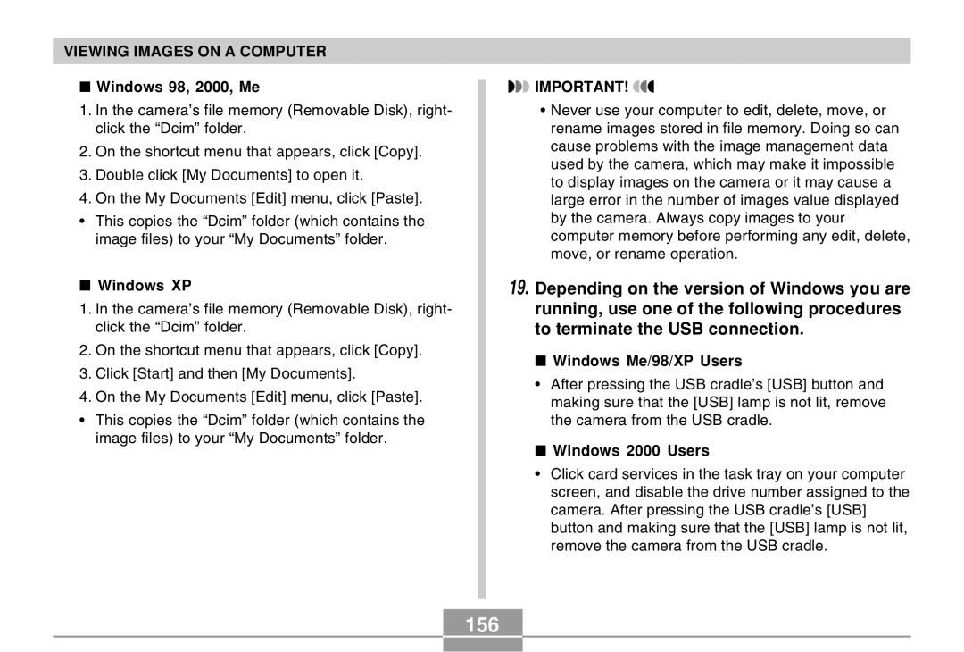 Casio EX-Z30 manual 156, Windows 98, 2000, Me, Windows XP, Windows Me/98/XP Users, Windows 2000 Users 