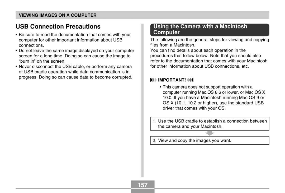 Casio EX-Z30 manual USB Connection Precautions, 157, Using the Camera with a Macintosh Computer 