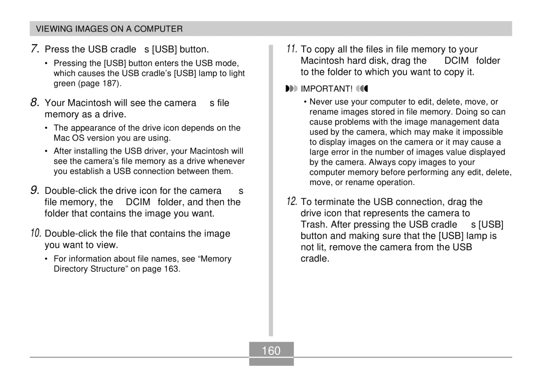 Casio EX-Z30 manual 160, Your Macintosh will see the camera’s file memory as a drive 