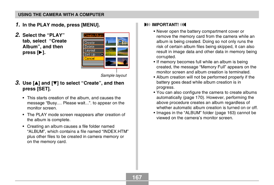 Casio EX-Z30 manual 167, Use and to select Create, and then press SET 