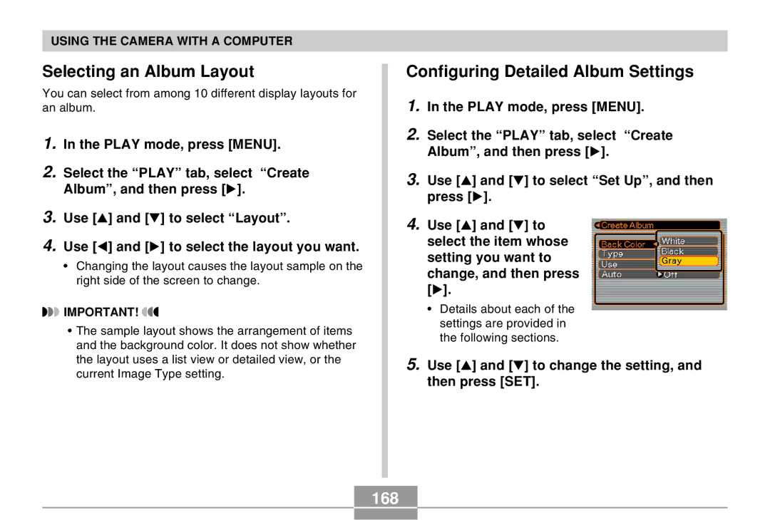 Casio EX-Z30 manual Selecting an Album Layout, Configuring Detailed Album Settings, 168 