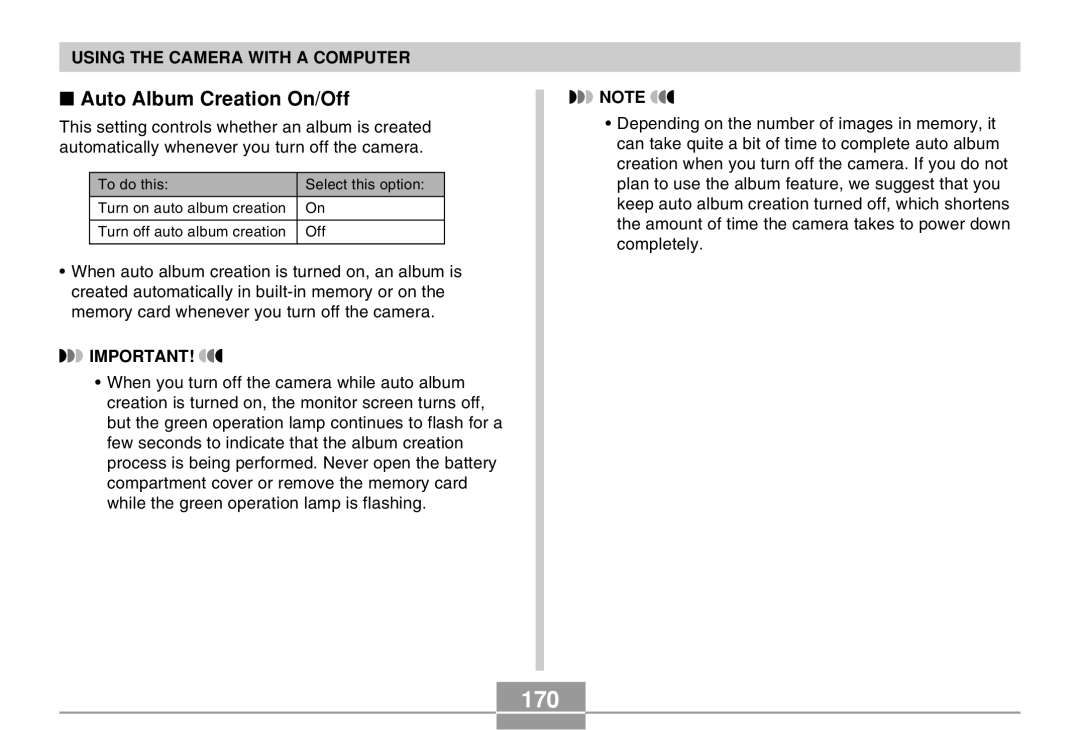 Casio EX-Z30 manual 170, Auto Album Creation On/Off 