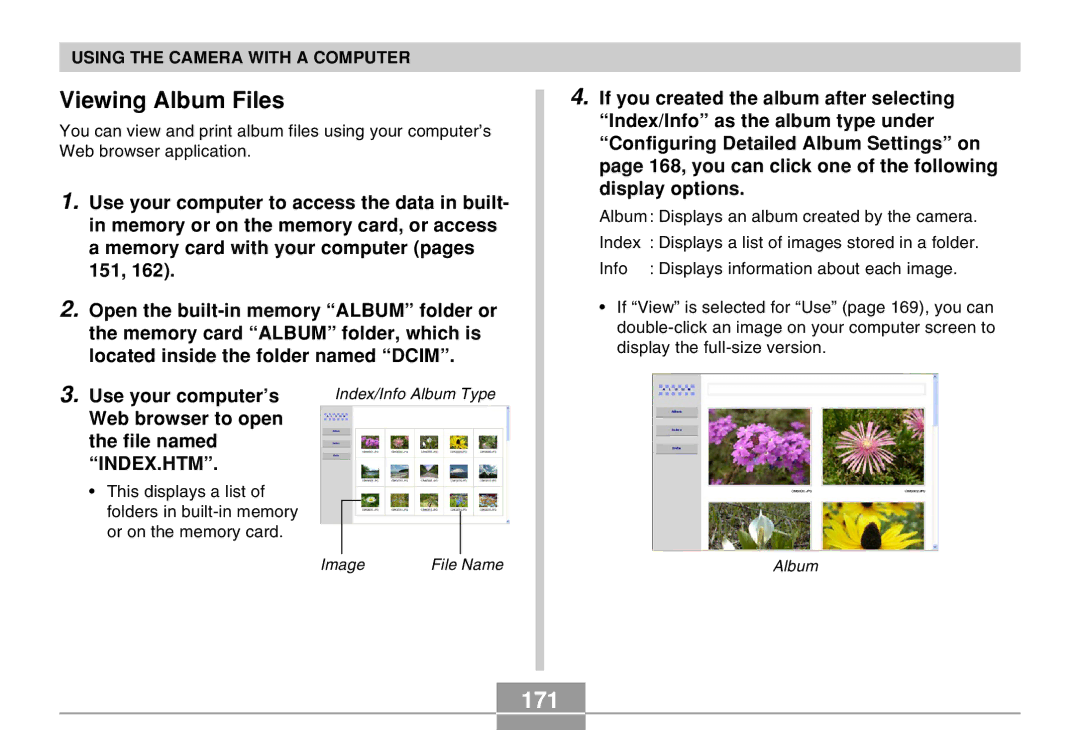 Casio EX-Z30 manual Viewing Album Files, 171, Web browser to open File named 