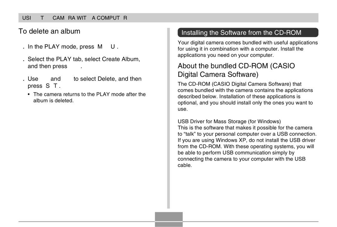 Casio EX-Z30 manual To delete an album, About the bundled CD-ROM Casio Digital Camera Software, 174 