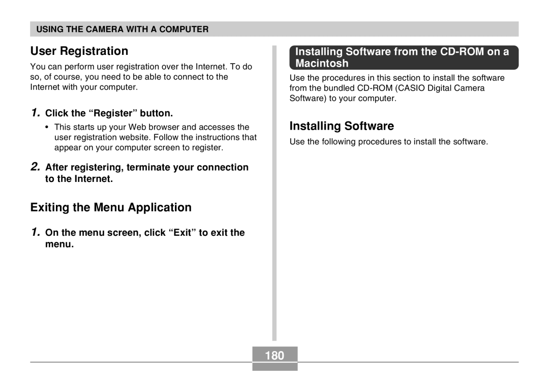 Casio EX-Z30 manual User Registration, Exiting the Menu Application, Installing Software, 180 