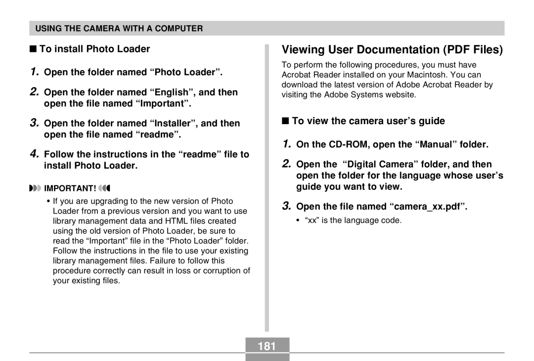 Casio EX-Z30 manual 181, To install Photo Loader, To view the camera user’s guide 