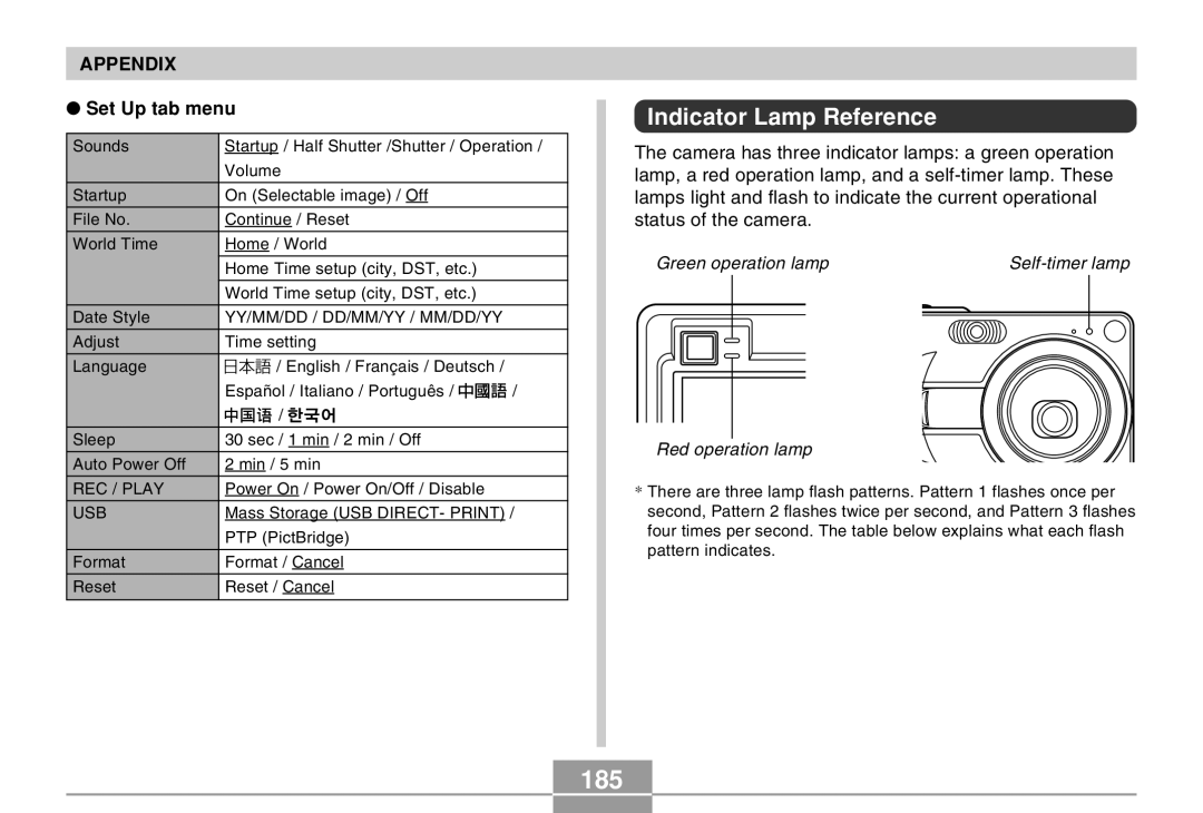 Casio EX-Z30 manual 185, Indicator Lamp Reference 