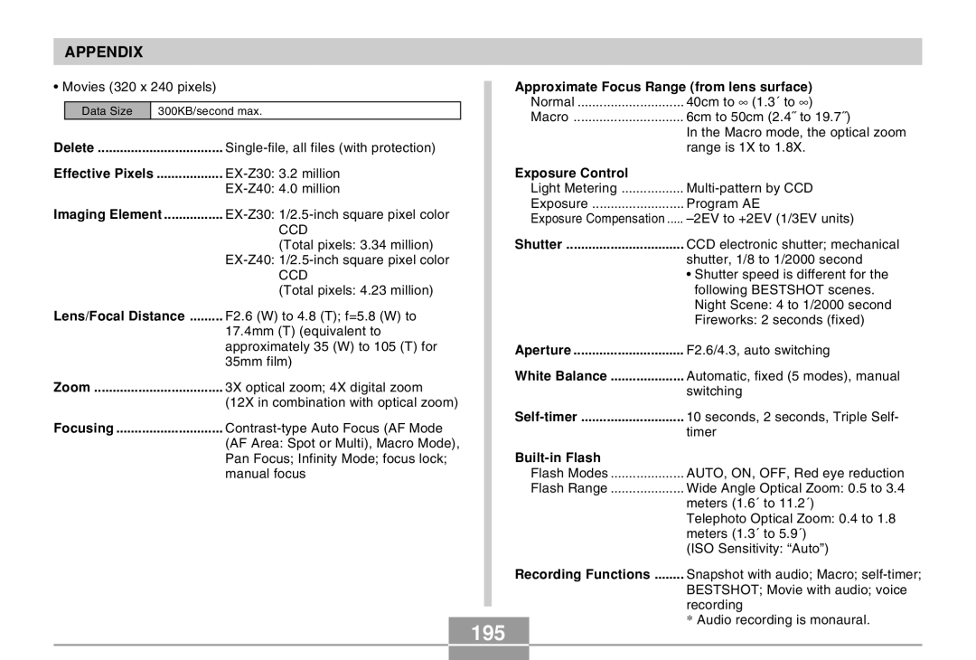 Casio EX-Z30 manual 195, Effective Pixels 