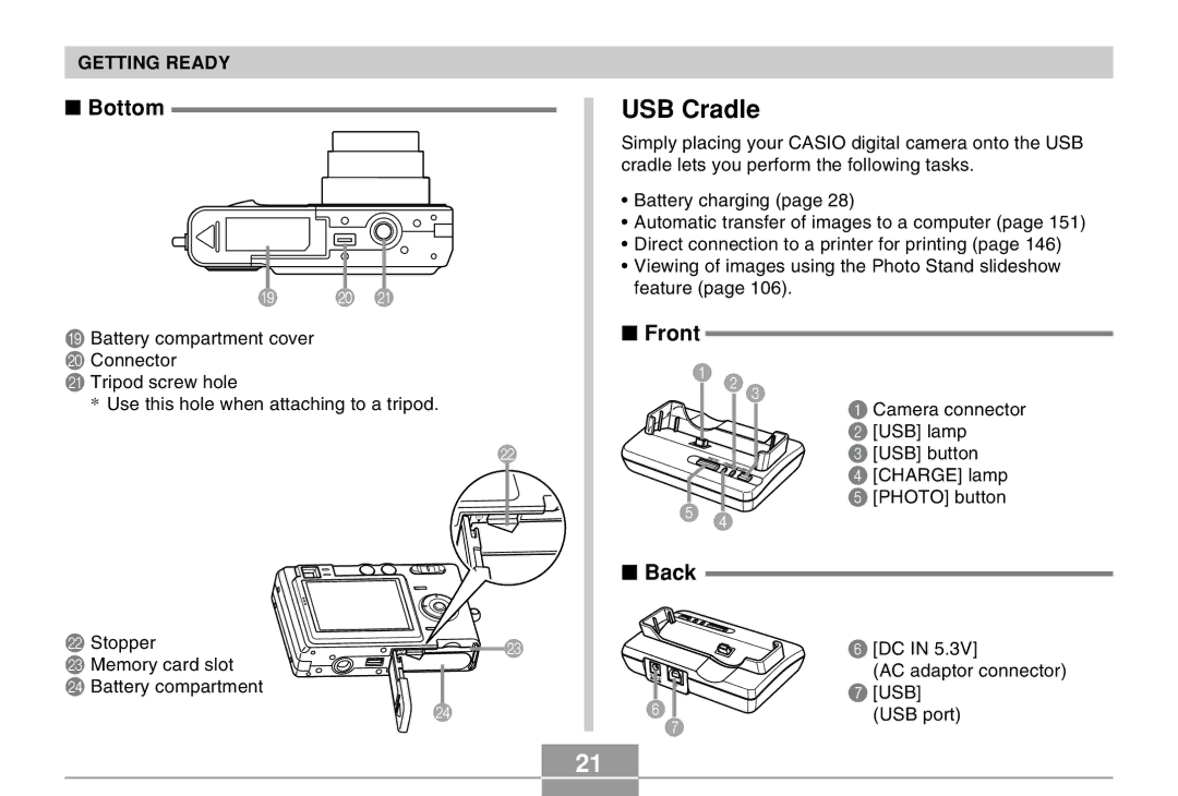 Casio EX-Z30 manual USB Cradle, Bottom, Front 