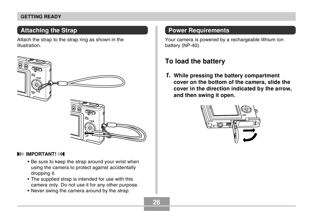 Casio EX-Z30 manual To load the battery, Attaching the Strap, Power Requirements 