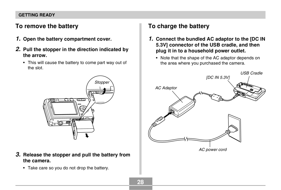 Casio EX-Z30 manual To remove the battery, To charge the battery, Release the stopper and pull the battery from the camera 