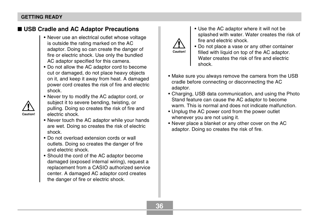 Casio EX-Z30 manual USB Cradle and AC Adaptor Precautions 