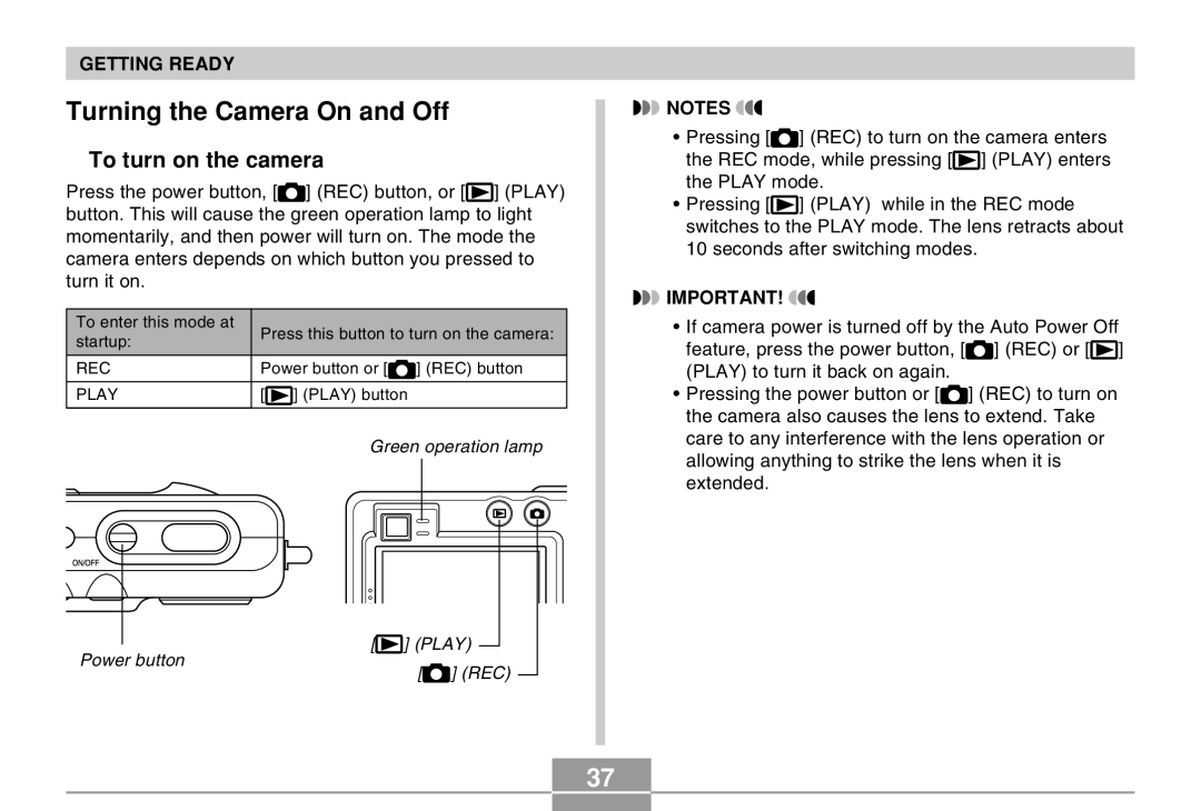 Casio EX-Z30 manual Turning the Camera On and Off, To turn on the camera 