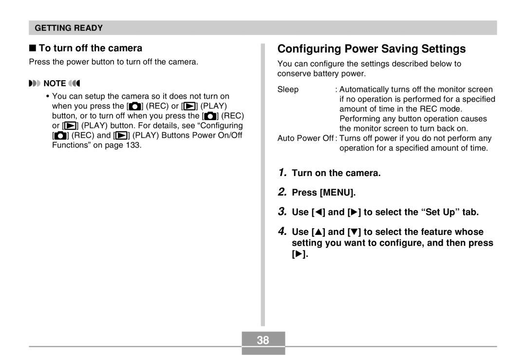 Casio EX-Z30 manual Configuring Power Saving Settings, To turn off the camera 