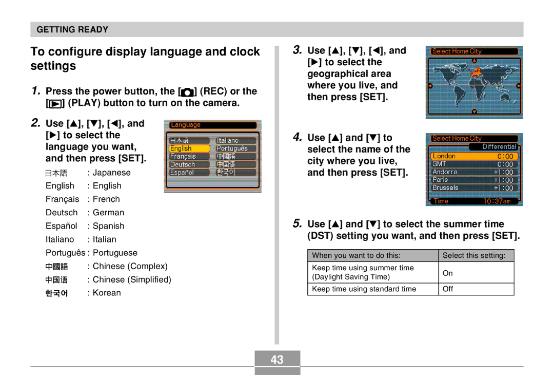 Casio EX-Z30 manual To configure display language and clock settings 