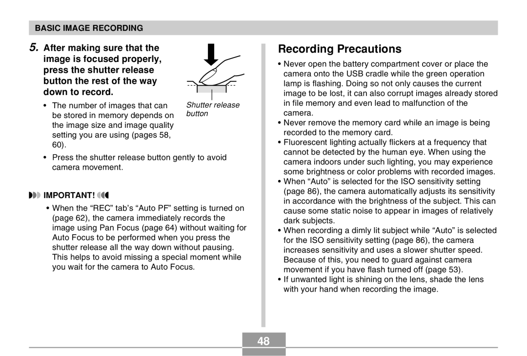 Casio EX-Z30 manual Recording Precautions 