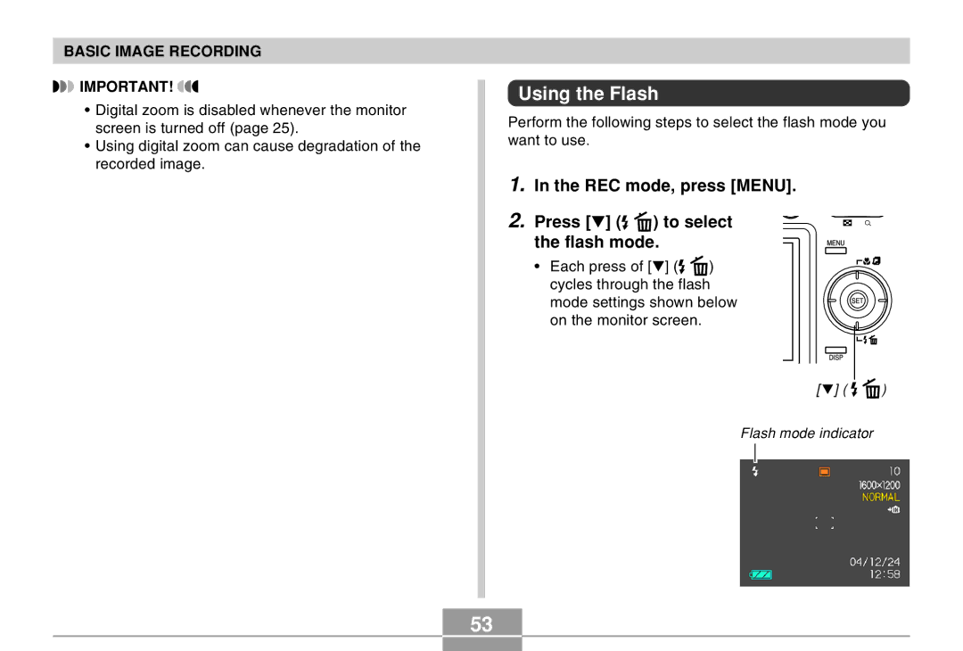 Casio EX-Z30 manual Using the Flash, REC mode, press Menu Press to select the flash mode 