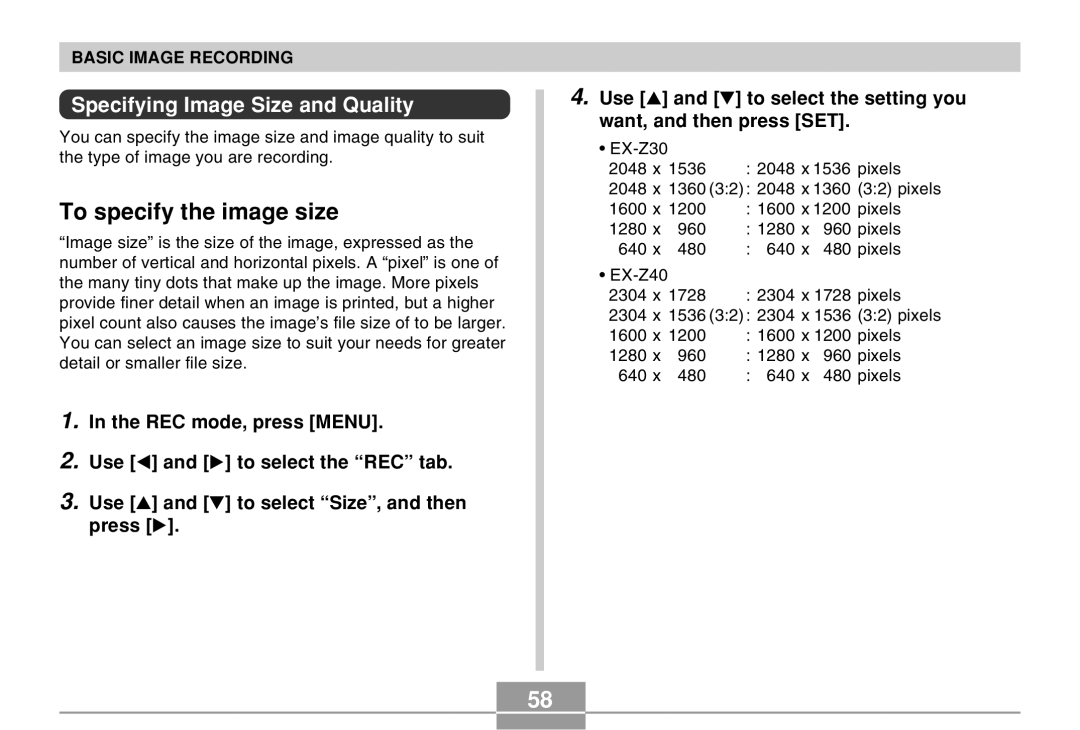 Casio EX-Z30 manual To specify the image size, Specifying Image Size and Quality 