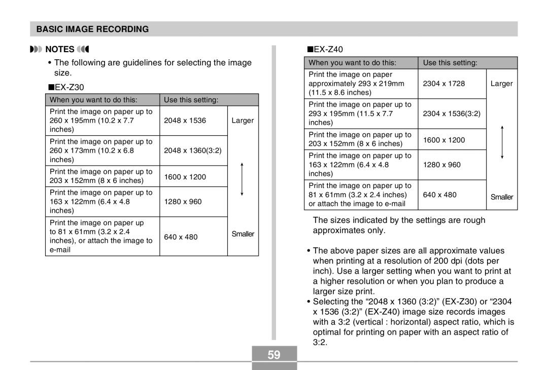 Casio manual Following are guidelines for selecting the image size EX-Z30 