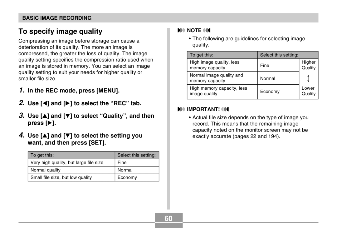 Casio EX-Z30 manual To specify image quality, Following are guidelines for selecting image quality 