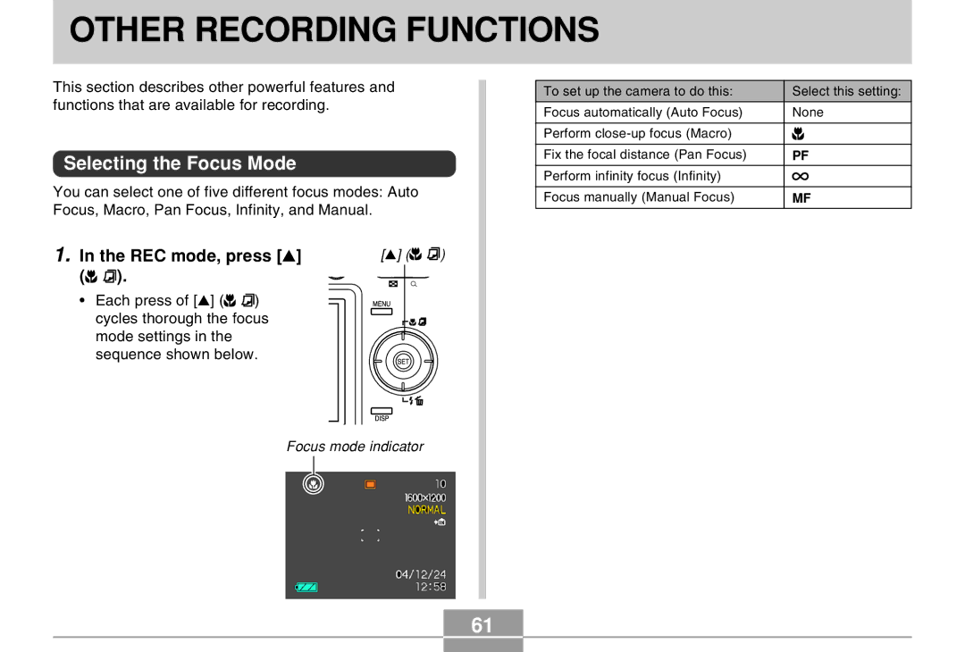 Casio EX-Z30 manual Other Recording Functions, Selecting the Focus Mode, REC mode, press 