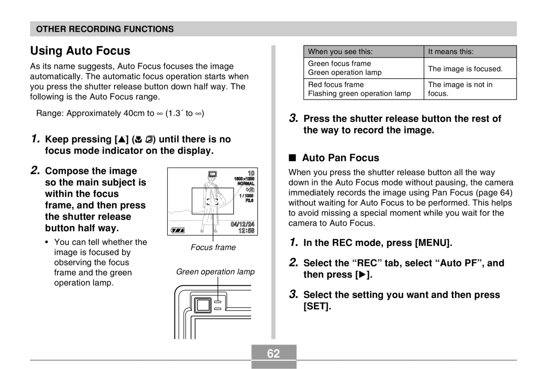 Casio EX-Z30 manual Using Auto Focus, Auto Pan Focus 