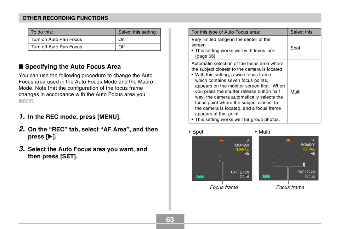 Casio EX-Z30 manual Specifying the Auto Focus Area 