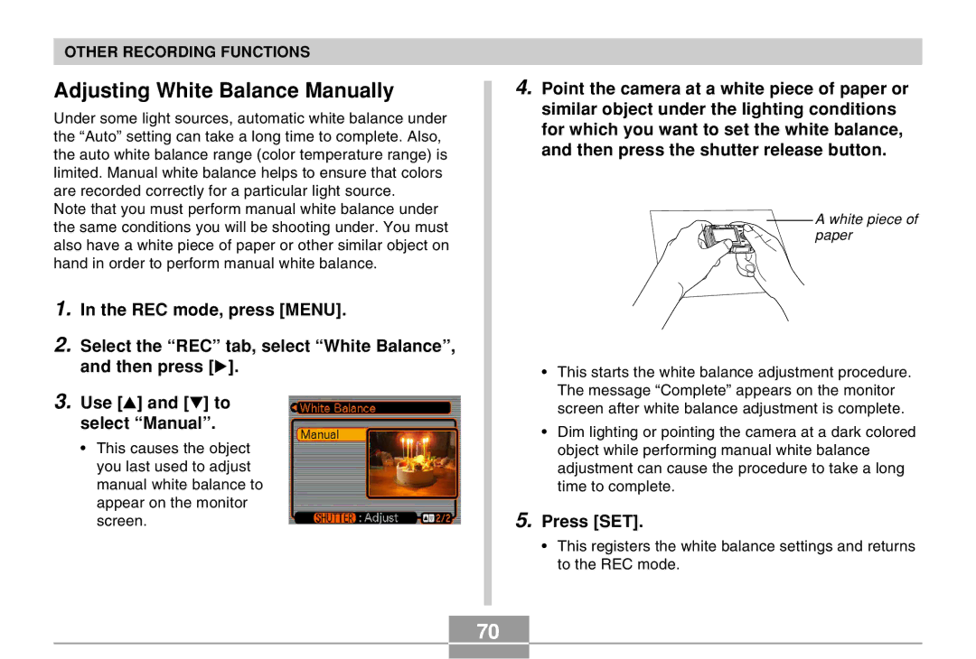 Casio EX-Z30 manual Adjusting White Balance Manually, Press SET 