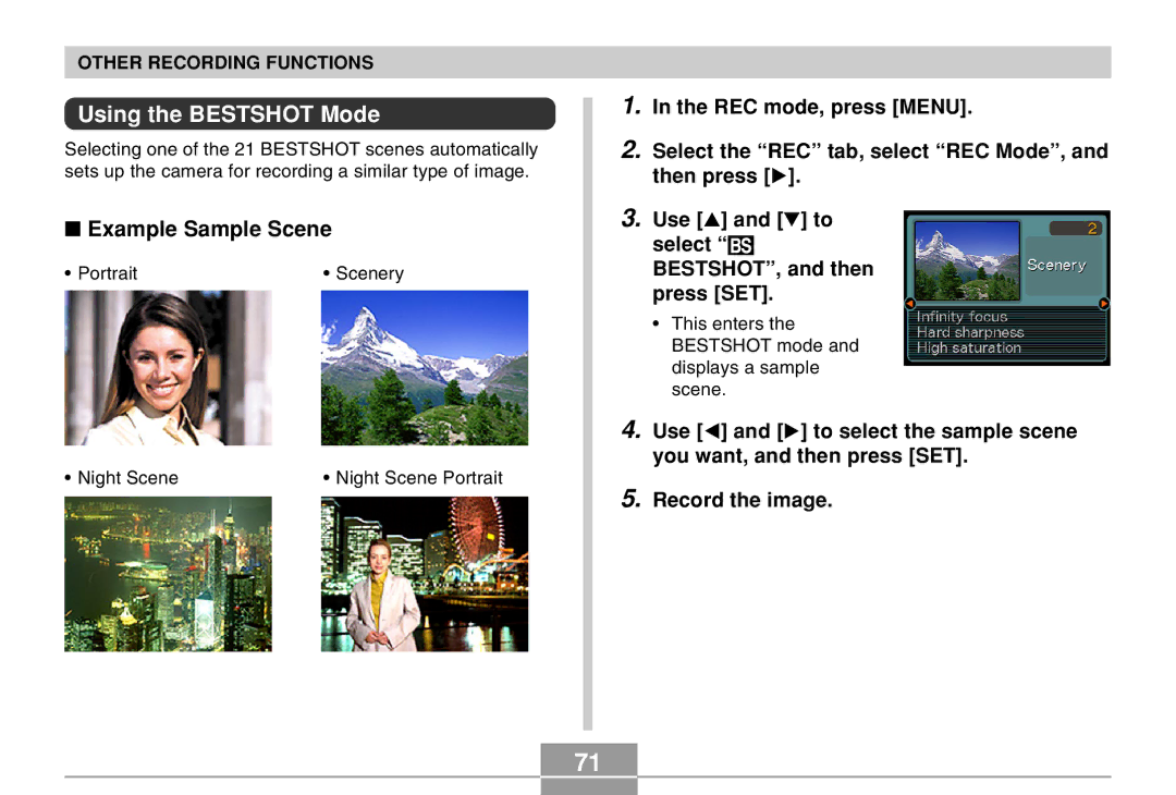 Casio EX-Z30 manual Using the Bestshot Mode, Example Sample Scene 