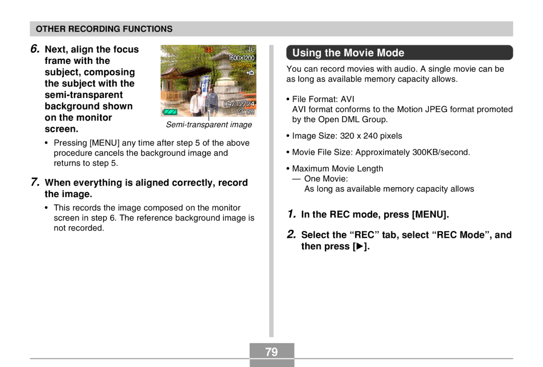 Casio EX-Z30 manual Using the Movie Mode, Screen, When everything is aligned correctly, record the image 