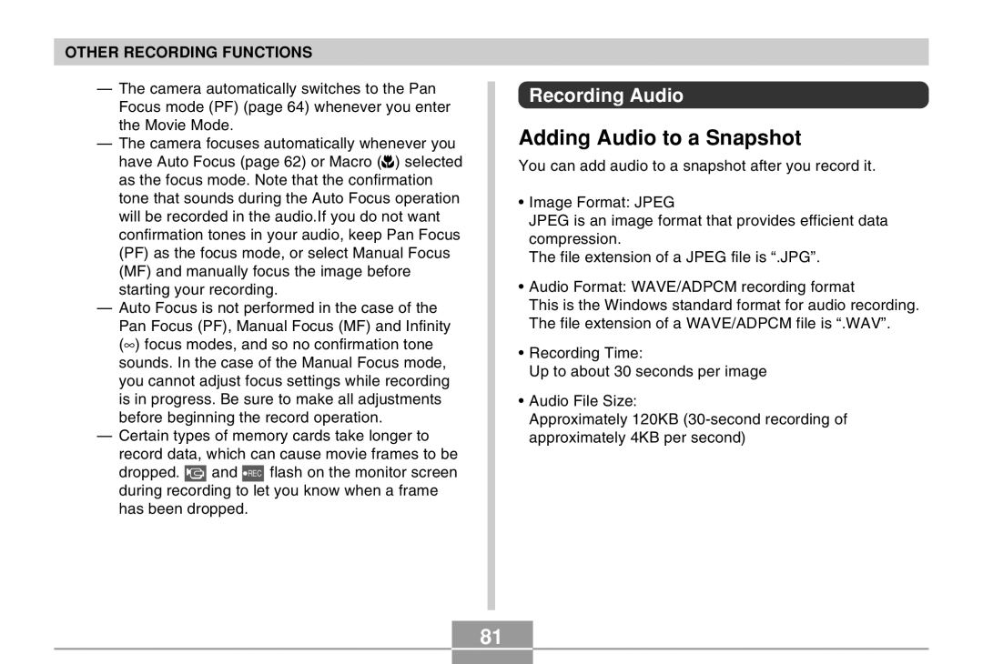 Casio EX-Z30 manual Adding Audio to a Snapshot, Recording Audio 