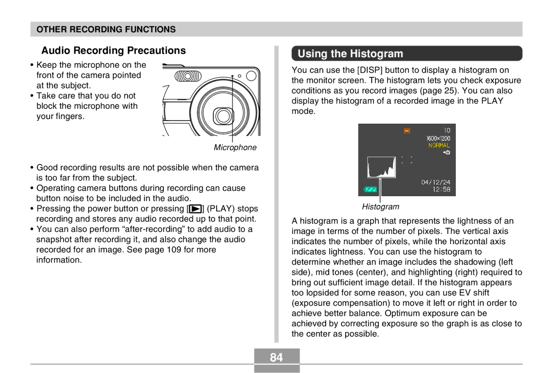 Casio EX-Z30 manual Audio Recording Precautions, Using the Histogram 