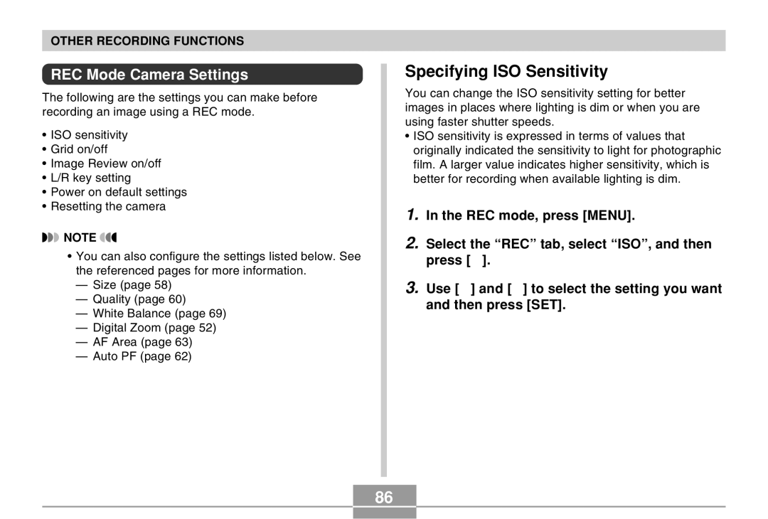 Casio EX-Z30 manual Specifying ISO Sensitivity, REC Mode Camera Settings 