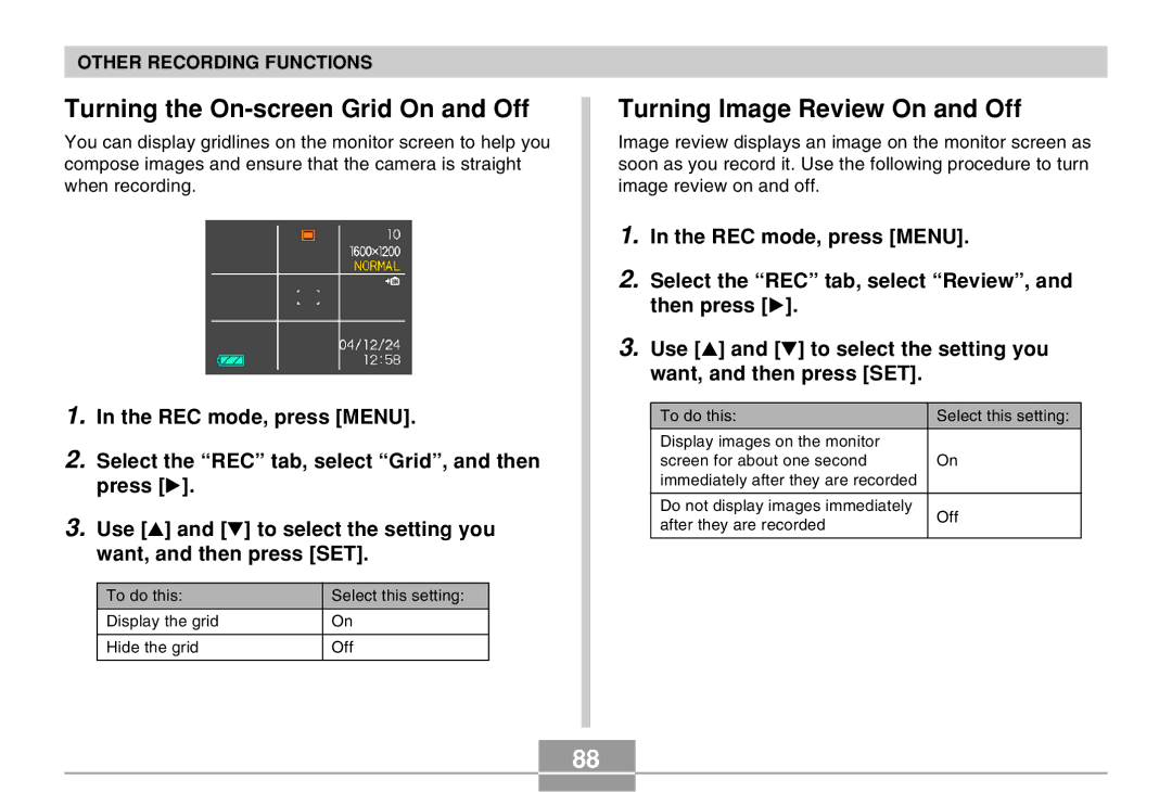 Casio EX-Z30 manual Turning the On-screen Grid On and Off, Turning Image Review On and Off 