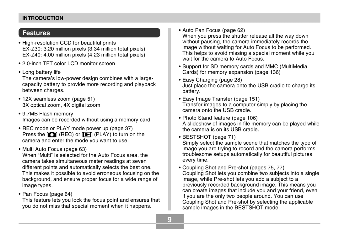 Casio EX-Z30 manual Features 