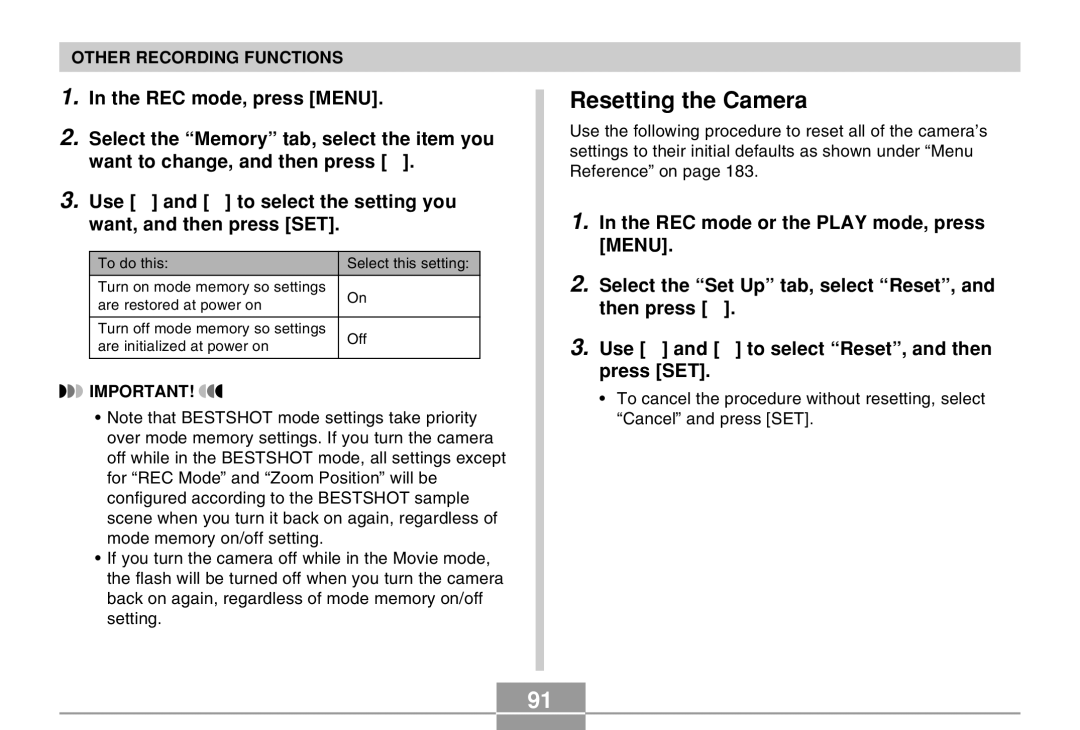 Casio EX-Z30 manual Resetting the Camera 