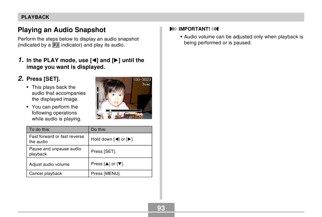 Casio EX-Z30 manual Playing an Audio Snapshot 