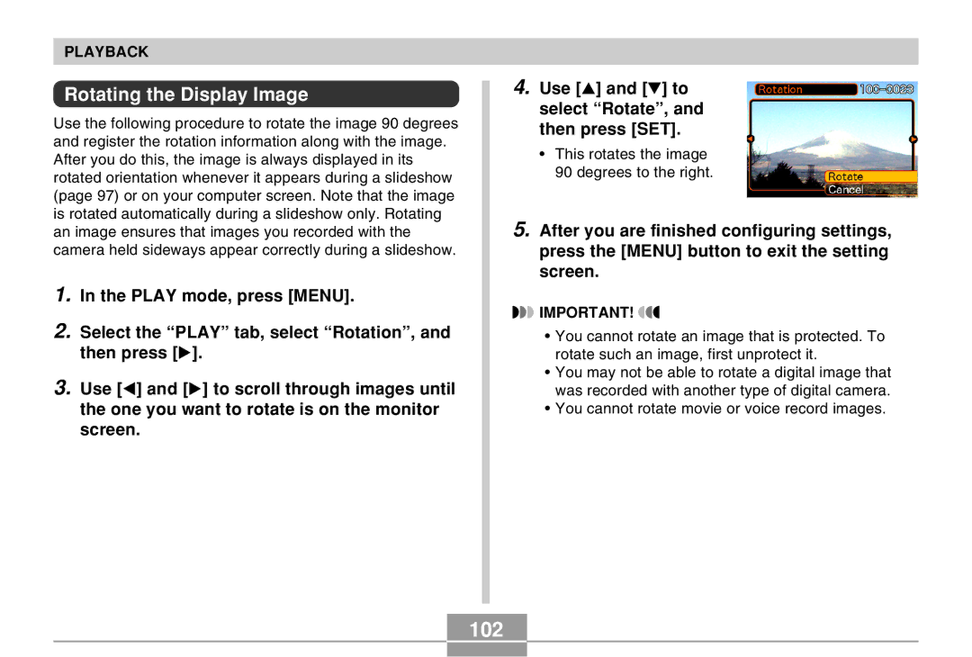 Casio EX-Z4 manual 102, Rotating the Display Image 