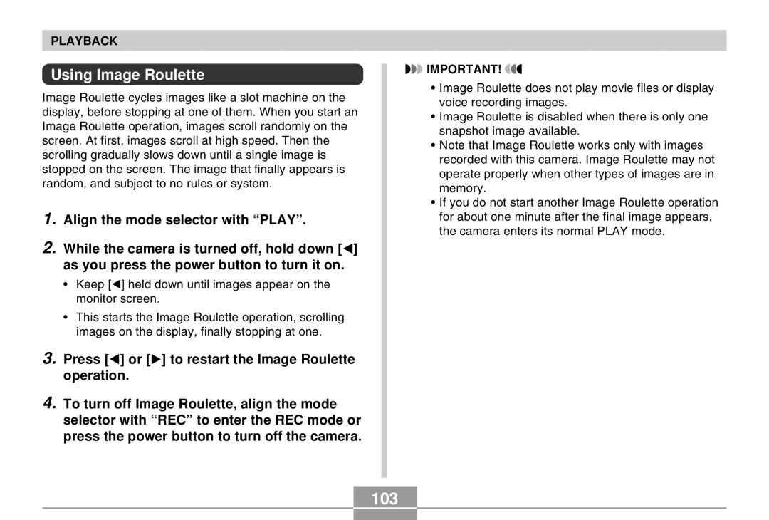 Casio EX-Z4 manual 103, Using Image Roulette 