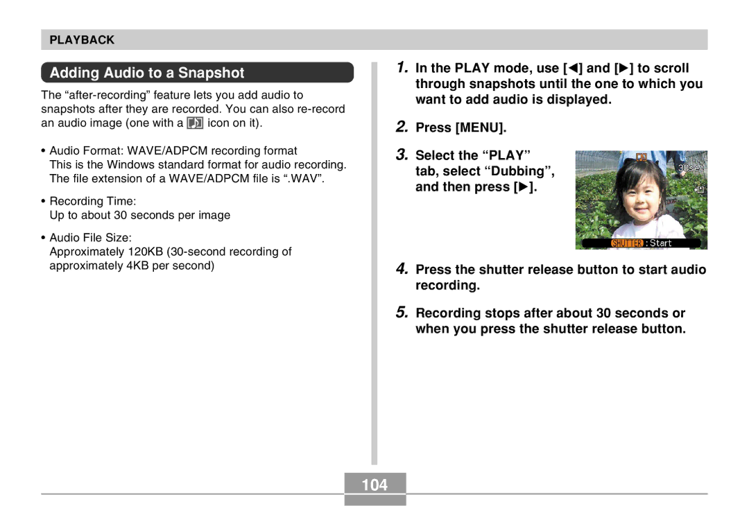 Casio EX-Z4 manual 104, Adding Audio to a Snapshot 