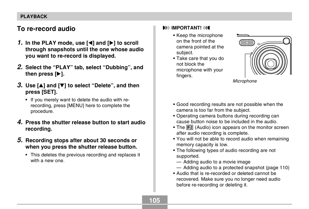 Casio EX-Z4 manual To re-record audio, 105 