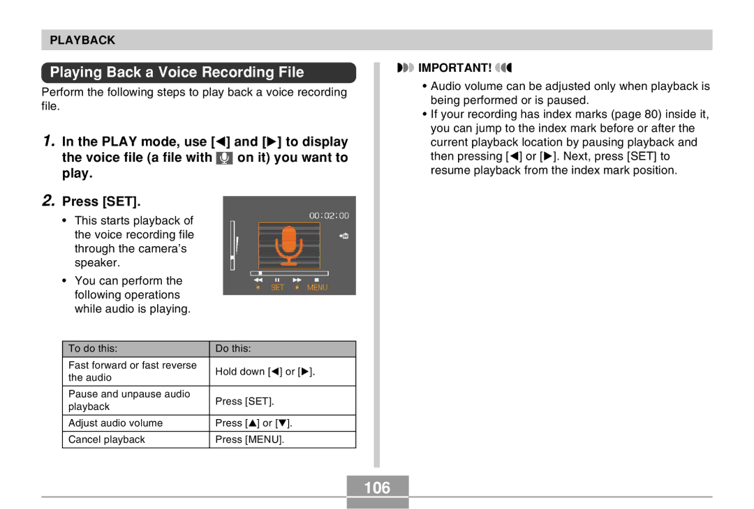 Casio EX-Z4 manual 106, Playing Back a Voice Recording File 