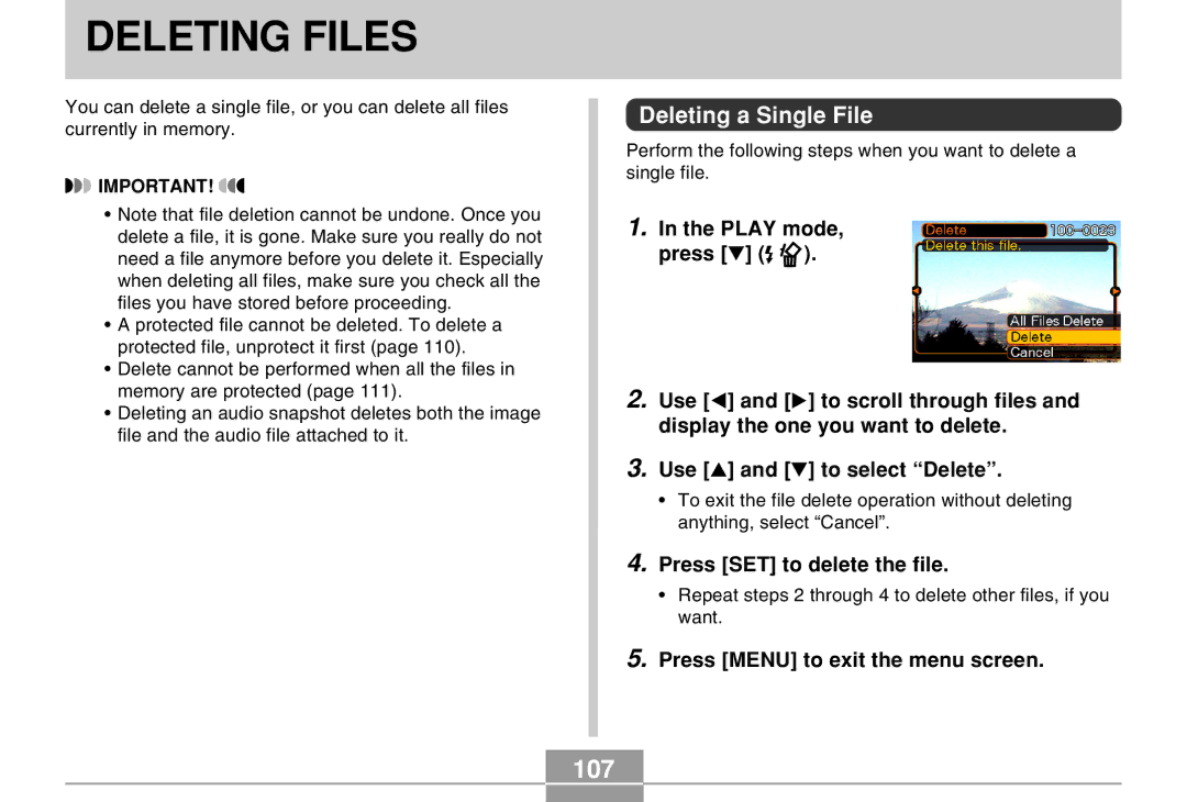 Casio EX-Z4 Deleting Files, 107, Deleting a Single File, Press SET to delete the file, Press Menu to exit the menu screen 