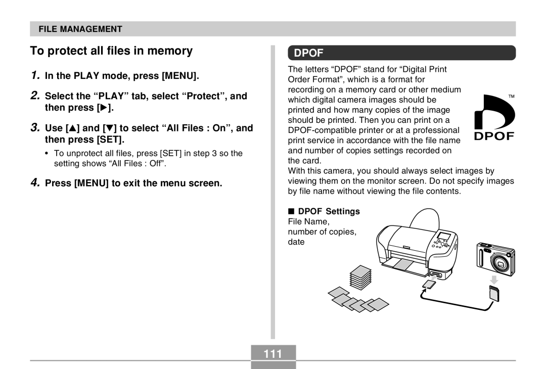 Casio EX-Z4 manual To protect all files in memory, 111, Dpof Settings File Name, number of copies 